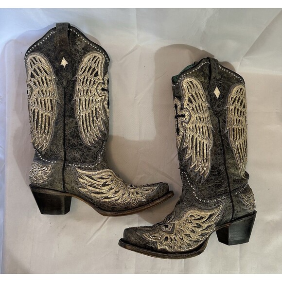 CORRAL Black Cross Angel Wings Overlay & Studs Western Boots A4232 Sz 8.5 - Picture 3 of 16